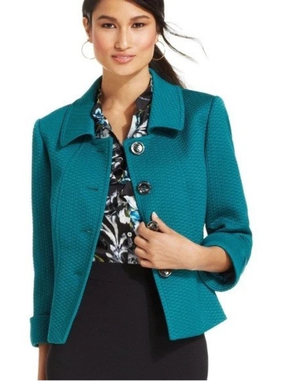 ✨ Tahari Teal Textured Button-Front Jacket/Coat